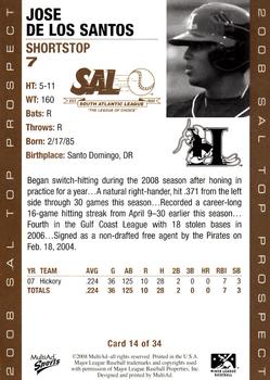 2008 MultiAd South Atlantic League Top Prospects #14 Jose De Los Santos Back
