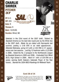 2008 MultiAd South Atlantic League Top Prospects #30 Charlie Shirek Back