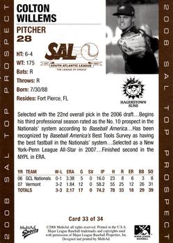 2008 MultiAd South Atlantic League Top Prospects #33 Colton Willems Back