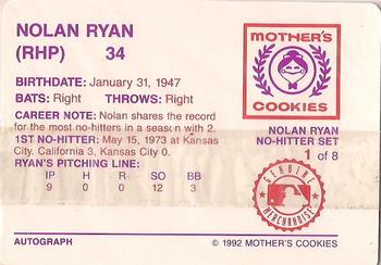 1992 Mother's Cookies Nolan Ryan 7 No-Hitters #1 Nolan Ryan Back