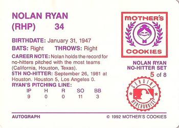 1992 Mother's Cookies Nolan Ryan 7 No-Hitters #5 Nolan Ryan Back
