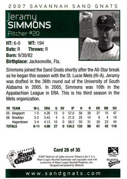 2007 MultiAd Savannah Sand Gnats #28 Jeramy Simmons Back
