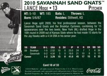 2010 MultiAd Savannah Sand Gnats #18 Lance Hoge Back