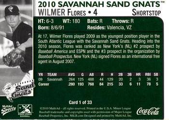2010 MultiAd Savannah Sand Gnats #1 Wilmer Flores Back