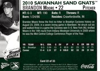 2010 MultiAd Savannah Sand Gnats #22 Brandon Moore Back