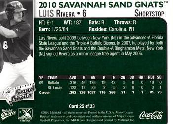 2010 MultiAd Savannah Sand Gnats #25 Luis Rivera Back