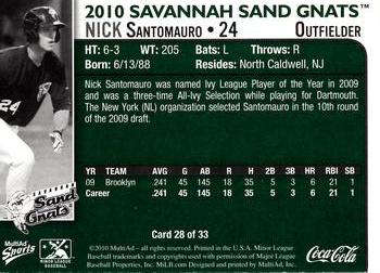 2010 MultiAd Savannah Sand Gnats #28 Nick Santomauro Back