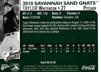 2010 MultiAd Savannah Sand Gnats #30 Taylor Whitenton Back