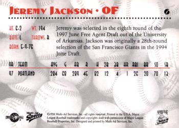 1998 Multi-Ad Asheville Tourists #6 Jeremy Jackson Back