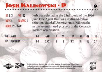 1998 Multi-Ad Asheville Tourists #9 Josh Kalinowski Back