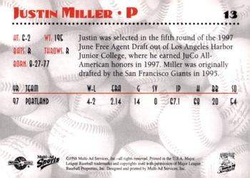 1998 Multi-Ad Asheville Tourists #13 Justin Miller Back