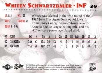 1998 Multi-Ad Asheville Tourists #20 Whitey Schwartzbauer Back
