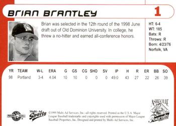 1999 Multi-Ad Asheville Tourists #1 Brian Brantley Back