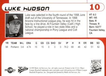 1999 Multi-Ad Asheville Tourists #10 Luke Hudson Back