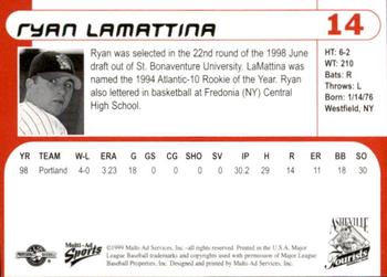 1999 Multi-Ad Asheville Tourists #14 Ryan Lamattina Back