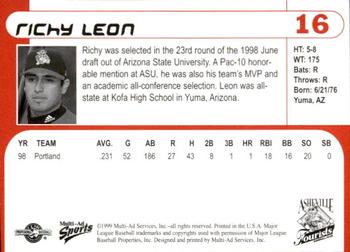 1999 Multi-Ad Asheville Tourists #16 Richy Leon Back