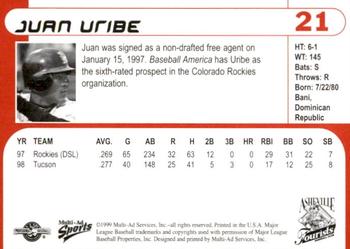 1999 Multi-Ad Asheville Tourists #21 Juan Uribe Back