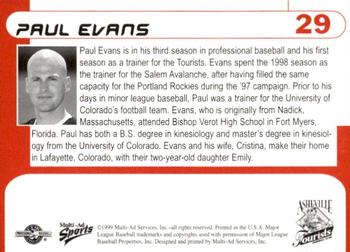 1999 Multi-Ad Asheville Tourists #29 Paul Evans Back