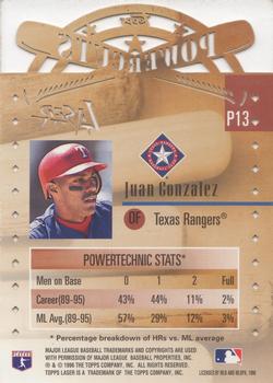 1996 Topps Laser - Power Cuts #P13 Juan Gonzalez Back