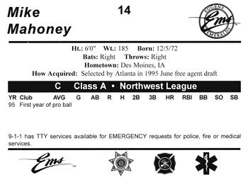 1995 Eugene Emeralds #14 Mike Mahoney Back
