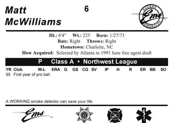 1995 Eugene Emeralds #6 Matt McWilliams Back