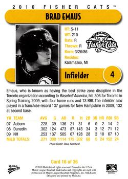 2010 MultiAd New Hampshire Fisher Cats #16 Brad Emaus Back