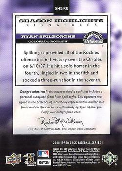 2008 Upper Deck - Season Highlights Signatures #SHS-RS Ryan Spilborghs Back