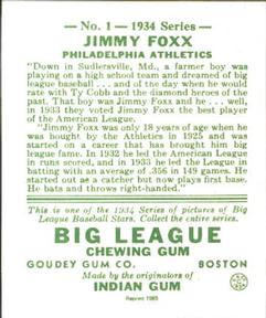 1985 Galasso 1934 Goudey (reprint) #1 Jimmie Foxx Back