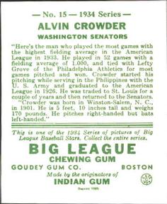 1985 Galasso 1934 Goudey (reprint) #15 Alvin Crowder Back