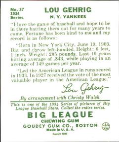 1985 Galasso 1934 Goudey (reprint) #37 Lou Gehrig Back