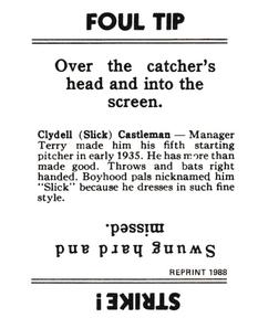 1988 Galasso 1936 Goudey Reprint #6 Clydell Castleman Back