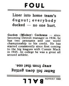 1988 Galasso 1936 Goudey Reprint #7 Mickey Cochrane Back