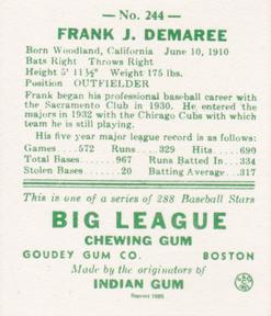 1985 Galasso 1938 Goudey Heads Up (reprint) #244 Frank Demaree Back
