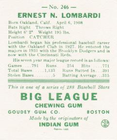 1985 Galasso 1938 Goudey Heads Up (reprint) #246 Ernie Lombardi Back