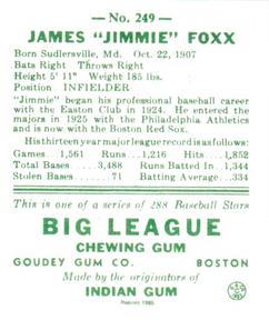 1985 Galasso 1938 Goudey Heads Up (reprint) #249 Jimmie Foxx Back