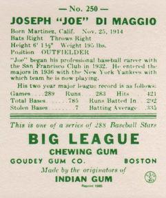 1985 Galasso 1938 Goudey Heads Up (reprint) #250 Joe DiMaggio Back