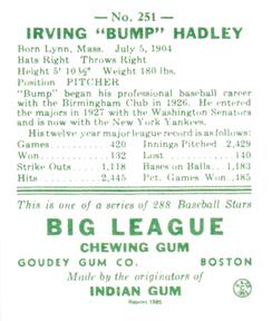 1985 Galasso 1938 Goudey Heads Up (reprint) #251 Bump Hadley Back