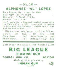 1985 Galasso 1938 Goudey Heads Up (reprint) #257 Al Lopez Back