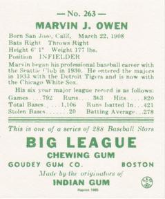 1985 Galasso 1938 Goudey Heads Up (reprint) #263 Marvin Owen Back