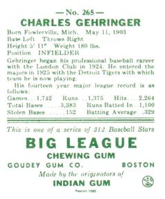1985 Galasso 1938 Goudey Heads Up (reprint) #265 Charlie Gehringer Back