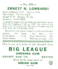 1985 Galasso 1938 Goudey Heads Up (reprint) #270 Ernie Lombardi Back