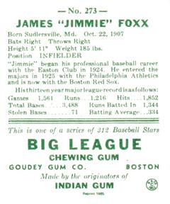 1985 Galasso 1938 Goudey Heads Up (reprint) #273 Jimmie Foxx Back