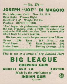 1985 Galasso 1938 Goudey Heads Up (reprint) #274 Joe DiMaggio Back