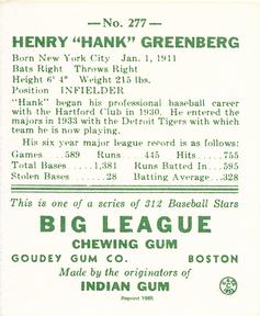 1985 Galasso 1938 Goudey Heads Up (reprint) #277 Hank Greenberg Back