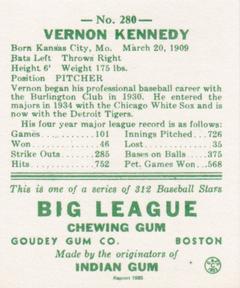 1985 Galasso 1938 Goudey Heads Up (reprint) #280 Vernon Kennedy Back