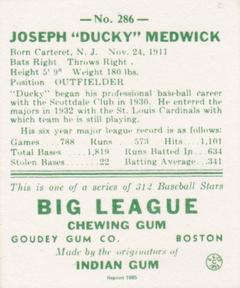 1985 Galasso 1938 Goudey Heads Up (reprint) #286 Joe Medwick Back