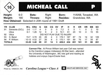 1995 Multi-Ad Prince William Cannons #16 Micheal Call Back