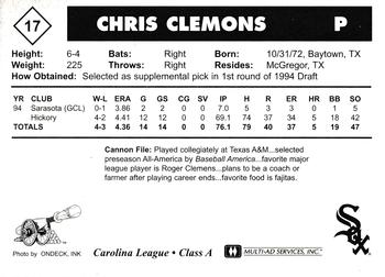 1995 Multi-Ad Prince William Cannons #17 Chris Clemons Back