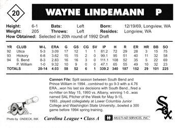 1995 Multi-Ad Prince William Cannons #20 Wayne Lindemann Back