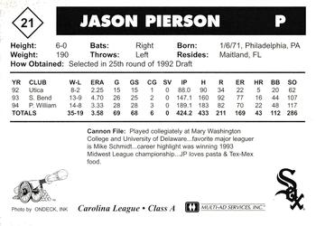 1995 Multi-Ad Prince William Cannons #21 Jason Pierson Back